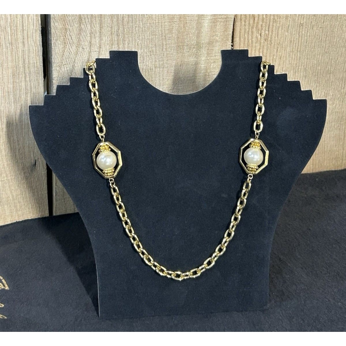 Vintage Park Lane 28 Goldtone Necklace Octagon Faux Pearl Link Chain J-168 25$